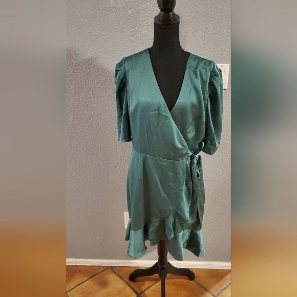 Keepsake The Label Green Satin Wrap Dress | Ruffle Short Sleeve Mini | Size L - Picture 3 of 15